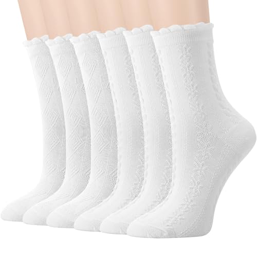 Halinuia 6 Paar Rüschen Weiß Socken Damen Socken mit Rüschen Damen Weiche Atmungsaktive Baumwolle Einfarbige Ballettsocken Crew Socks für Frauen Mädchen 35-40