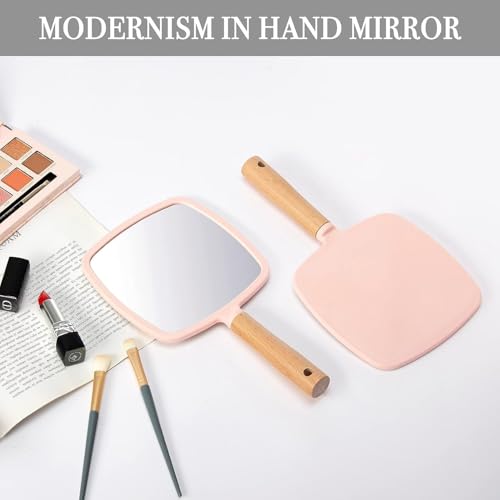 Image of Wood Handle Mirror Square 25x13 cm | Portable HD Grooming & Makeup Mirror | Eco‑Friendly Plastic Frame | Travel & Shaving Handy Mirror (1, Square)