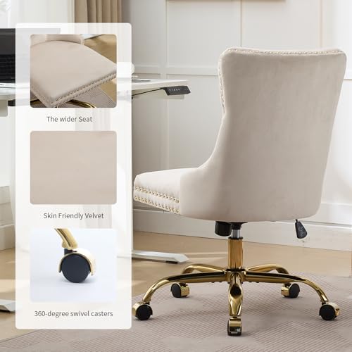 Beige Velvet Home Office Desk Chair with Wheels & Gold Base, Cute Makeup Vanity Chair with Tufted Back for Women Girls, Upholstered Adjustable Swivel Armless Office Chair for Bedroom, Beige