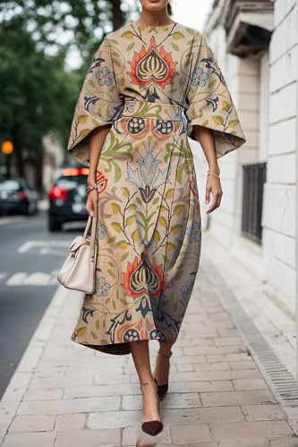 Women's Elegant Boho Floral Bell 3/4 Sleeve Wrap Maxi Dress Casual Loose Wedding Cocktail Dress with Belt2