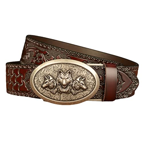 Embossed Leather Belt, Automatic Buckle Ratchet Belt with Engraved 3 Wolf Heads Filigree Buckle, Trim to Fit(115cm/waist:38