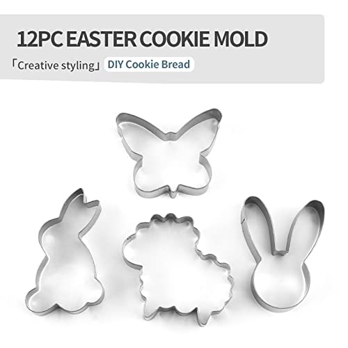 Spring Easter Cookie Cutters Set Of 12, Stainless Steel Metal Biscuit Cutter Molds, Easter Egg Bunny Face Rabbit Carrot Butterfly & Daisy Flower Shaped Sandwich Fondant Molds For Party Supplies Decor #TOP3