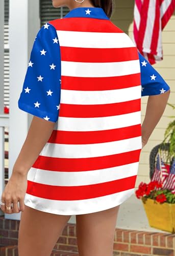 Image of Ithalt 4th of July Hawaiian Shirts Women American Flag Patriotic Short Sleeve Button Down Outfits Summer Vacation Tops