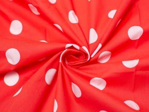 Tissu de polycoton à pois rouge et blanc ; vendu au mètre