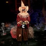 Halloween Animatronics Decorations Scary Sitting Scarecrow with Candy Bag, 55'' Animated Jumpscare Halloween Props with Sound & Motion Activated, Lighted Eyes, Creepy Sound for Haunted House Outdoor