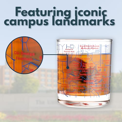 Image of Greenline Goods - University of Kansas Jayhawks College Whiskey Glasses (Set of 2), 10 oz - Full-Color Logo + Campus Map