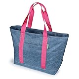 Creative Green Life Extra Large Tote Bag for Women or Men with Zipper – Everyday Bag for Work, School, gym, Shopping, Teachers, Nurses – Canvas Style Travel Bag, Weekender Overnight Bag (Blue/Pink)