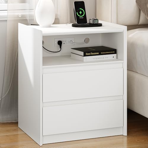 FurniXpress 24" Tall White Nightstand with Charging Station, 2 Drawer Modern Bedside Table with Tray Top, USB & Type-C Ports, AC Outlets, and Open Shelf for Bedroom or Living Room
