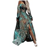 Damen Vintage Tube Bandeau Gypsy Kleid Boho Langarm Ausgestellt A-Linie Swing Casual Cocktail Party Wrap Maxi Kleider, blau, X-Large