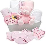 Baby Girl Gifts Newborn | 17-Piece Baby Hamper with Clothes & Keepsakes | Newborn Baby Girl Gift Set | Baby Shower Present – Pink