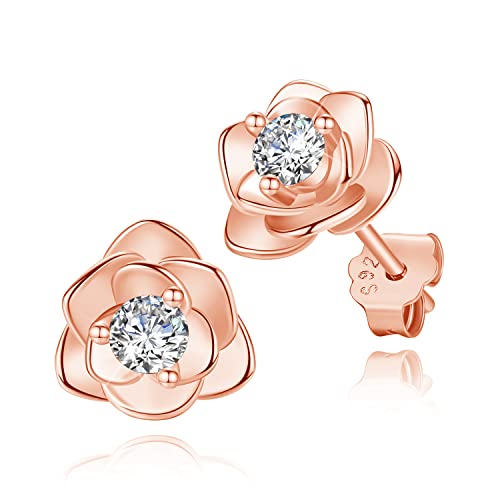 Rose Gold Plated Flower Stud Earrings With Cubic Zirconia Hypoallergenic Earrings For Women #TOP28