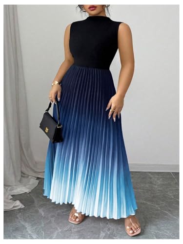 Image of SOLY HUX Women's Plus Size Summer Ombre Sleeveless Flowy Maxi Dress | Birthday, Pleated A Line, Mock Neck, Formal Outfits,Cocktail, Wedding, Graduation