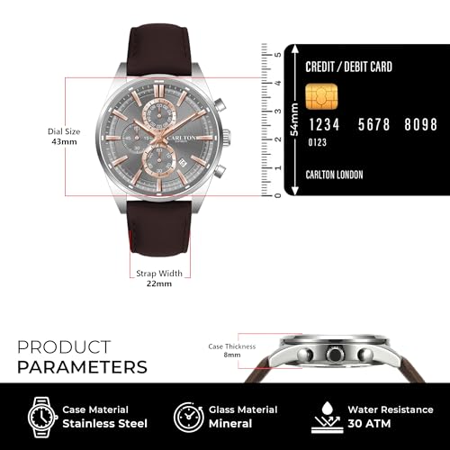 Image of Carlton London Windsor Men Analog Watch, Round Dial, Leather Strap, Quartz Movement, 43 mm Case, Slim Design, Lightweight Comfort, 30M Water Resistant, Casual Formal Wear