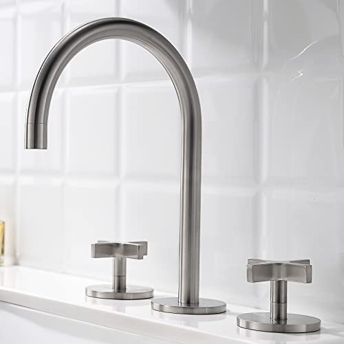 Product Deal Brushed Nickel Bathroom Faucet for Sink 3 Holes, Indare 8-inch Brass Widespread Bathroom Sink Faucet with Pop Up Drain and Supply Lines, 110101-BN