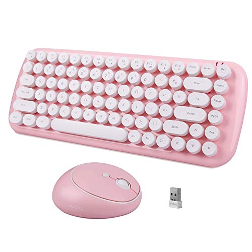 Wireless Keyboard and Mouse Combo,2.4GHz USB Cute Small Wireless Keyboards with 84 Round Keys, Letton Compact Wireless Mini Keyboard Mouse Set for Laptop Computer Mac PC Desktop-Pink/White