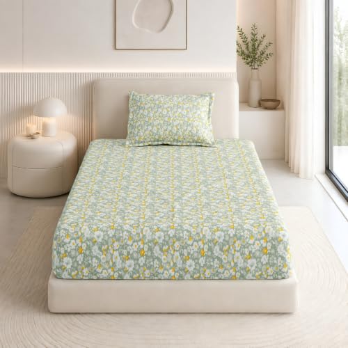 Image of Haus & Kinder Elastic Bedsheet Single Bed, 37 x 78 x 11 Inches Single Bedsheet Cotton Elastic Fitted with 1 Pillow Cover, Pure Cotton 186 TC, Breathable Wrinkel Free - Silver Meadow Bloom