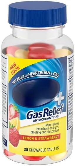 SEDLAV+ Gas Relief Chewy Bites – Chewable Antacid Tablets for Bloating and Stomach Pressure – Lemon and Strawberry Flavors – 28 Count Bottle with Sticker