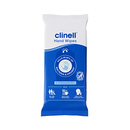 Clinell Antimicrobial Hand Wipes - Sanitising for Cleaning & Disinfecting Travel-Friendly - Dermatologically Tested Kills 99.99% of Bacteria & Viruses - Pack of 30 Blue