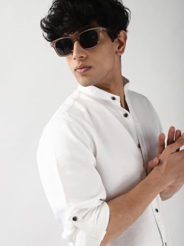 Image of Urbano Fashion Men's Linen Blend Full Sleeve Relaxed Fit Mandarin Collar Casual Solid Shirt