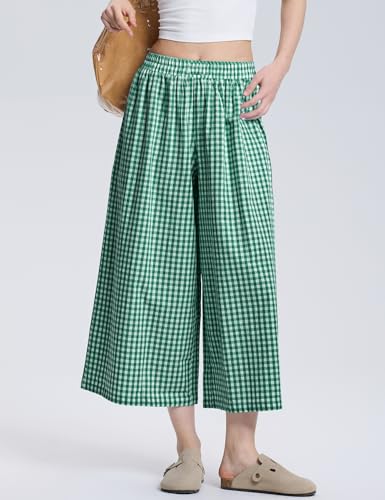 Image of LOMON Womens Wide Leg Capri Pants Gingham Plaid Culottes Summer Elastic Waist Palazzo Trousers Bottoms with Pockets