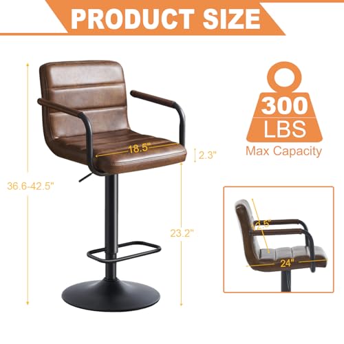 Yellowish Brown PU Leather Bar Stools Set of 2, Adjustable Height Swivel Chairs