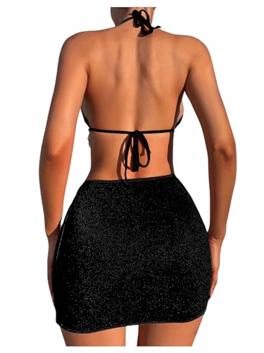 COZYEASE Women's 3 Piece Bikini Set Backless Halter Neck Triangle Chain Swimsuit Set with Beach Skirt2