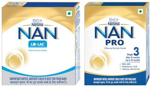 Image of Nestle NAN PRO 3 Follow-Up Formula Powder - After 12 months, Up to 18 months, Stage 3, 400g Bag-In-Box Pack & Nestle Nan Lo Lac Infant Formula Powder, Upto 24 months - 200 g Bag-In-Box Pack COMBO
