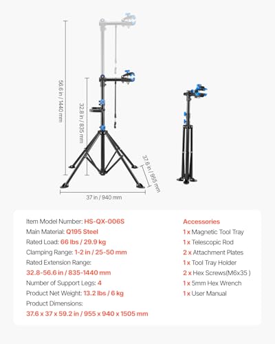 Image of VEVOR Bike Repair Stand, 66 lb Heavy-duty Bicycle Work Stand with 32.8-56.6 in Adjustable Height & Magnetic Tool Tray, Foldable Bicycle Maintenance Rack, Shop Home Mechanics for Mountain & Road Bike