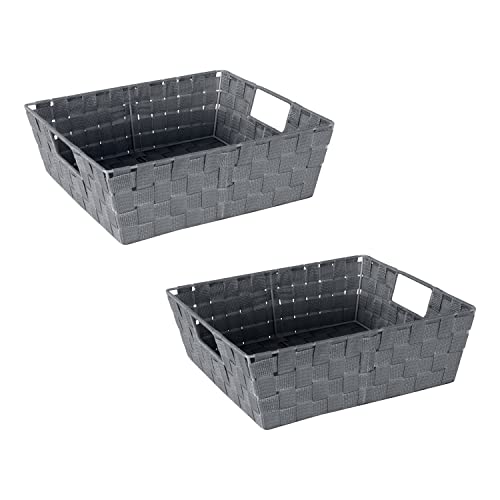 Image of Simplify Large Shelf Woven Strap Tote | Decorative Storage Basket | Built in Handles | Organization | Closet | Bedroom | Bathroom | Nursery | Accessories | Toys | Gifts | 2 Pack | Grey