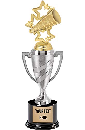 Crown Awards Cheerleading Trophy, 14" Silver Cup Cheer Megaphone Trophies, Enter Your Own Engraving, 5 Pack