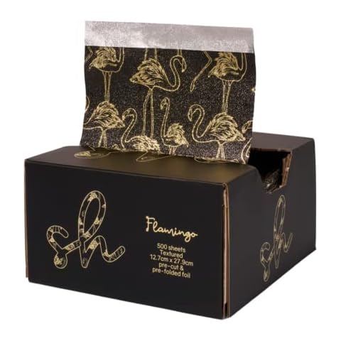 Extra Wide Pop Up Hair Foil, Hairdressing Foil For Highlighting and Balayage, 500 Pre-cut & pre-folded 12.7cm x 27.9cm sheets, Embossed Foil with Flamingo Print Design Cover