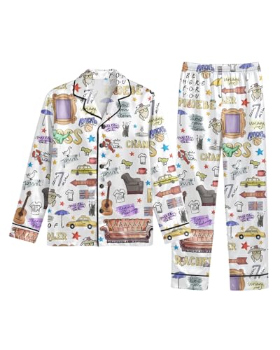 ELUNORUS Friendship Theme Womens Long Satin Pajama Set 2 Piece Button-Down Long Sleeve Shirt and Pants Sleepwear