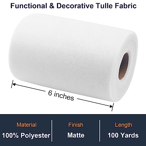 White Tulle Fabric Roll 6 Inch by 100 Yards (300 ft) Tulle Ribbon Sheer Mesh Netting for DIY Tutu Skirt Gift Wrapping Wedding Baby Shower Birthday Halloween Party Decorations Crafts, 34 Colors (White)