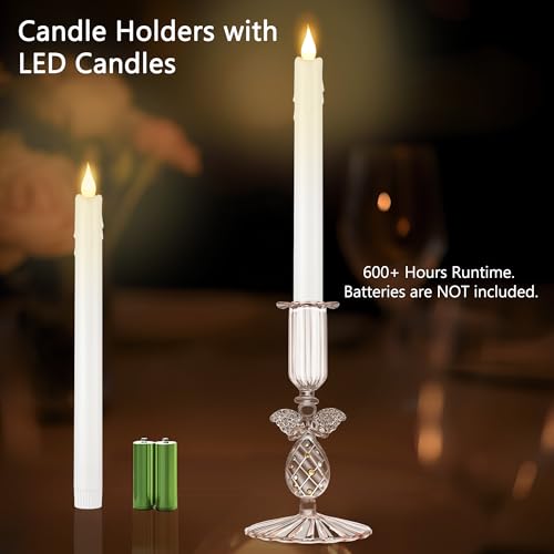 Image of Flameless Taper Candle with Vintage Glass Candle Holder, Set of 2, Wedding Dating Party Table Decor Centerpiece, Angel Shaped, Rose Gold