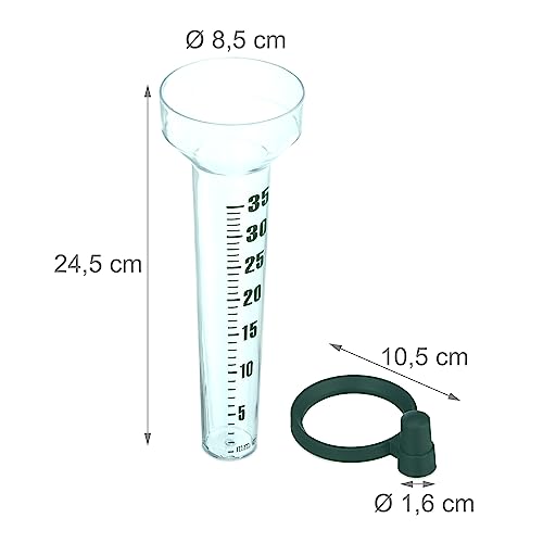 Foto von Relaxdays Regenmesser 2er Set, mit Halterung, Niederschlagsmesser Garten, Skala 35 mm/m², Kunststoff, transparent/grün
