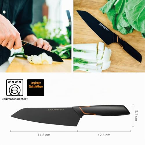 Foto von Fiskars Santoku-Messer, Modernes Design, Gesamtlänge: 29 cm, Qualitätsstahl/Kunststoff, Edge, 1003097, Schwarz / Orange