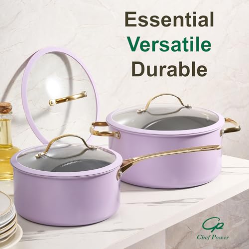 Chef Power Ceramic Cookware Sets, 10Pcs Pots and Pans Set Non Stick, Cookware Set with Stainless Steel Handle, Dishwasher & Oven Safe, Light Purple and Granite Grey - image 7