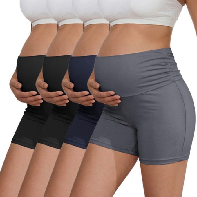 Ekouaer Pack Women's Maternity Shorts Pregnancy Biker Shorts Stretchy Workout Loungewear Mama Clothes Black/Black/Navy Blue/Dark Grey S
