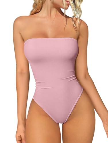 Image of OQQ Womens Tube Bodysuits Strapless Basic Sleeveless Ruched Stretch Classic-Fit Tops Sexy Bodysuits