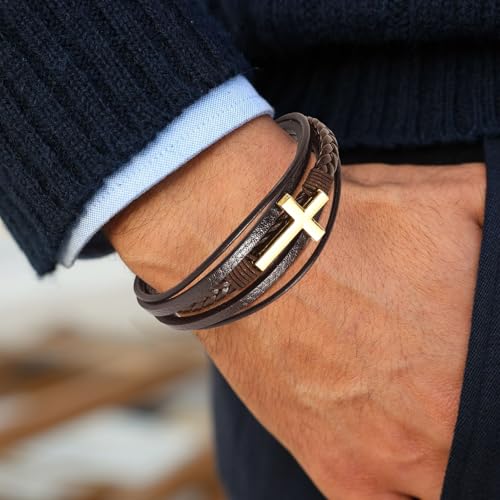 Pulsera trenzada de cuero para hombre con cruz miniatura 3