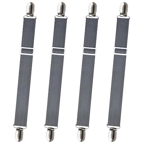 Sheet Fasteners, Sopito 4pcs Adjustable Elastic Straps to Keep Sheets in Place Heavy Duty Non Slip Bed Cover Grippers Clips for Crib to King Size Bed, Gray