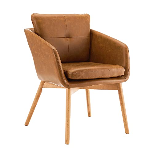 Canglong Faux Leather Side Chair Upholstered Arm Dinging Chair With Wood Legs Set Of 1,Brown #TOP8