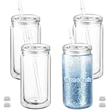 ZONEGRACE 4 Pack 16oz Acrylic Snow Globe Tumbler Cups with Lids & Straws, Double Wall Plastic Snowglobe Tumblers with Pre-Drilled Hole & Plug, DIY Glitter Supplies Kit, Clear Vaso Doble Pared