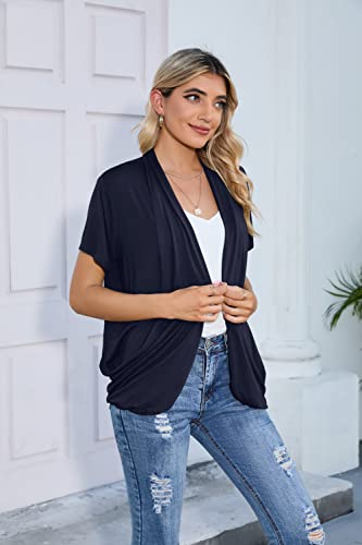 Hiyiyezi Short Sleeve Cardigan For Women Lightweight Flowy Drape Front Work Cover-Up Shrug With Pockets (Medium,Navy Blue) #TOP1
