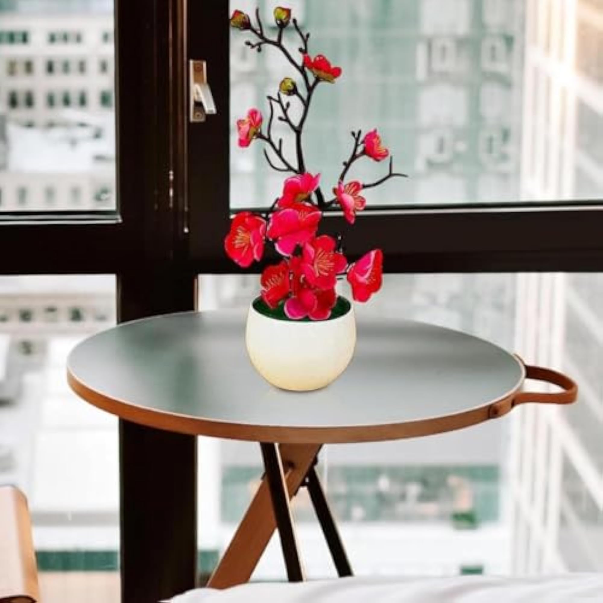 Pink Red Blossoms Artificial Flower Plant with White Pot