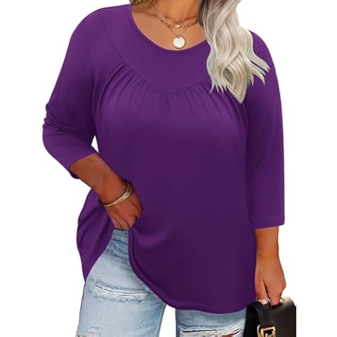 TFSDOD Women's Plus Size Tops Purple 3/4 Length Sleeve T Shirts Crew Neck Ladies Cute Flowy Swing Loose Blouses 3XL Cover