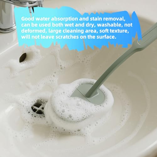 Image of Long Handle Sponge Scrub Bathroom Brush, Sponge Cleaning Brush with Handle Large Wall Scrubber Shower Long Handle Brushes for Tableware, Kitchen, Toilet, Bathroom Cleaning Tool Accessories Gray-Green
