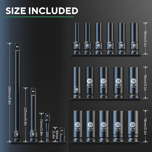 Ginour 20PCs Impact Socket Set 1/2 Inch, CR-V Drive Master Deep Impact Socket Set 8mm - 24mm, Metric, 6 Point, with 3pcs Drive Impact Extension Bar Set 3", 5",10" 8 Ginour 20PCs Impact Socket Set 1/2 Inch, CR-V Drive Master Deep Impact Socket Set 8mm - 24mm, Metric, 6 Point, with 3pcs Drive Impact Extension Bar Set 3", 5",10" - Image 8