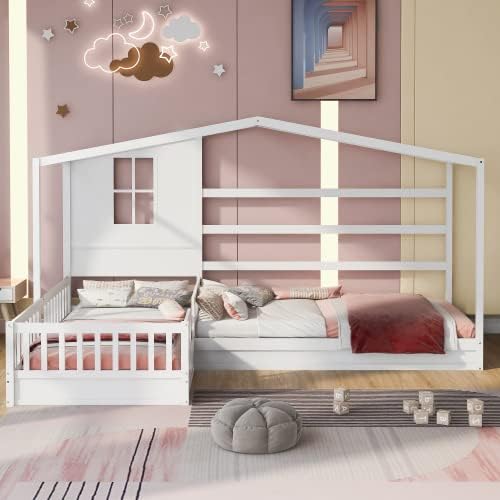 Side view of the L-shaped bed frame showing the house structure and the fence on the smaller bed.