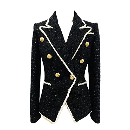 Alloaone Women Tweed Outwear Vintage Black Double Breasted Elegant Lady Autumn Winter Blazer Jacket